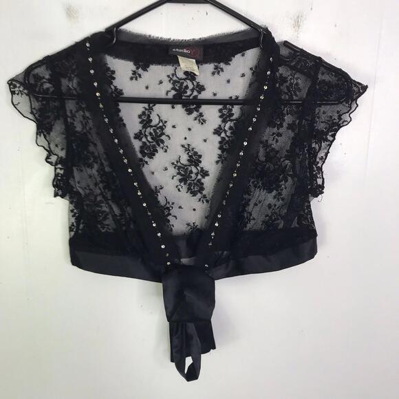 Studio Y Vintage Top Womens S Cropped Lace Mesh Satin Tie Sequin Goth Y2K Sheer - Picture 1 of 7